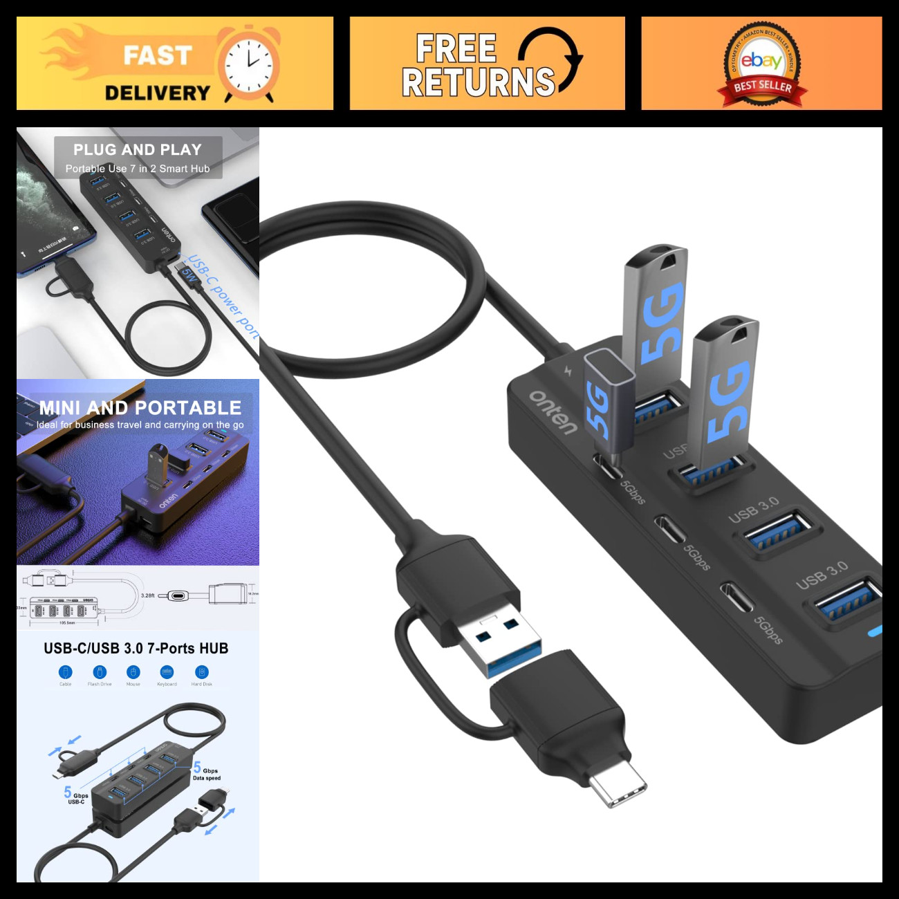 7-Port USB-A & USB-C Hub, High-Speed Data Transfer, Multi-Device Connectivity