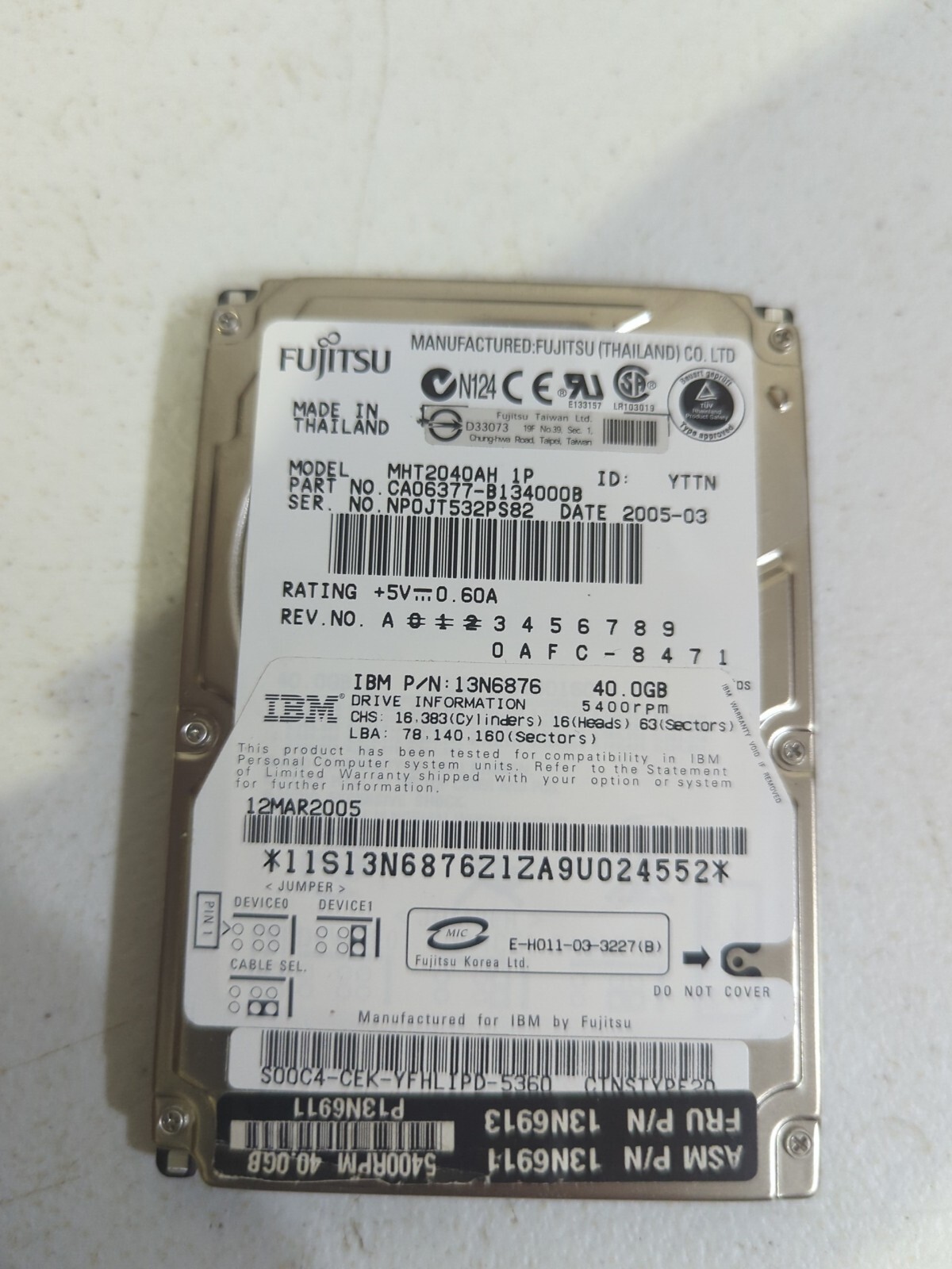  MHT2040AH 40GB 2.5" 44 PIN IDE Drive