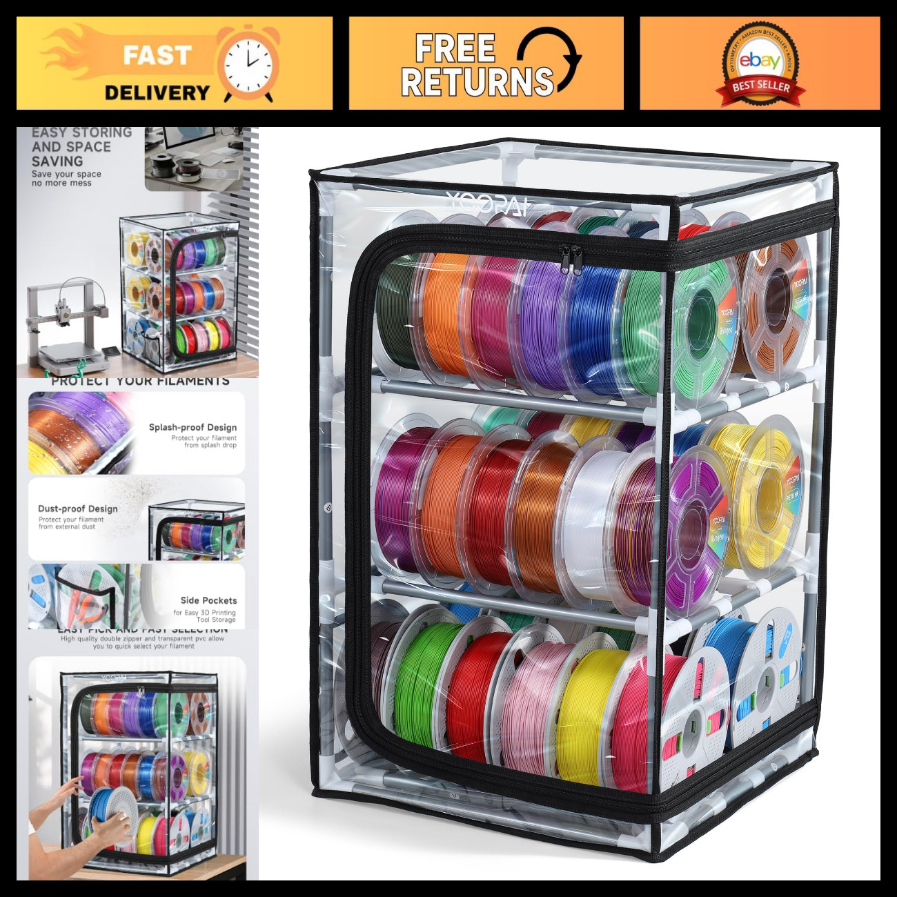 3-Tier 3D Printer Filament Storage Rack with Dust Cover, Holds 30 Spools, Organi