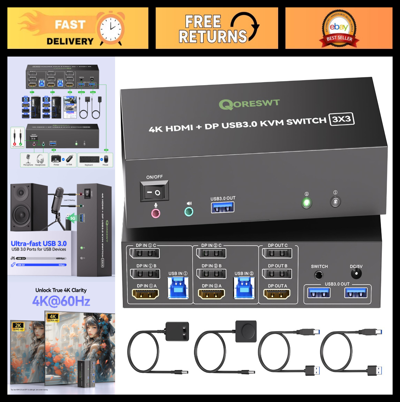 Triple Monitor KVM Switch for 2 PCs, HDMI & DisplayPort, 4K@60Hz, Audio, 4 USB 3