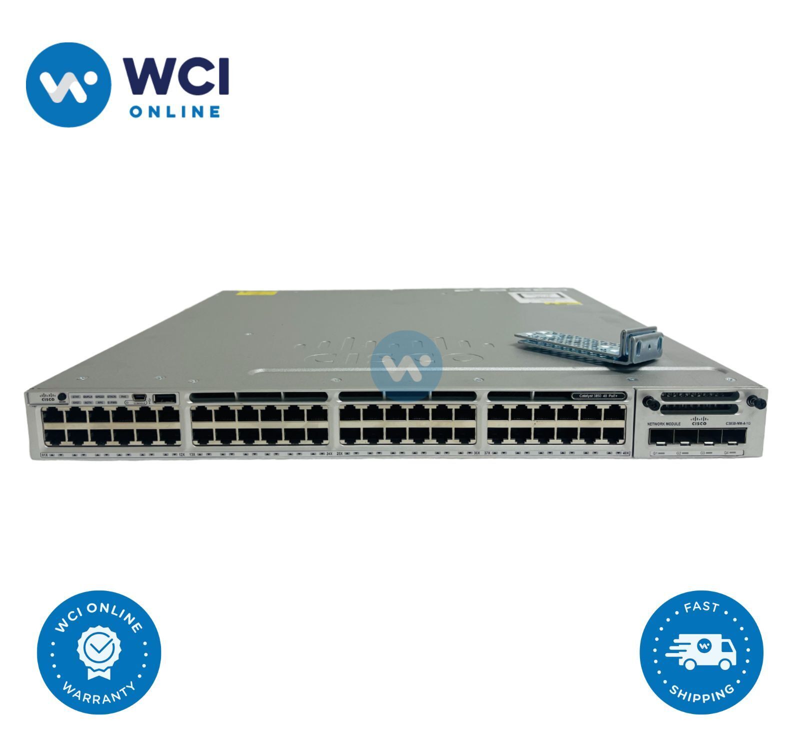 Cisco WS-C3850-48P-L 48-Port PoE+ w/ Dual AC PS, C3850-NM-4-1G and Rack Mount