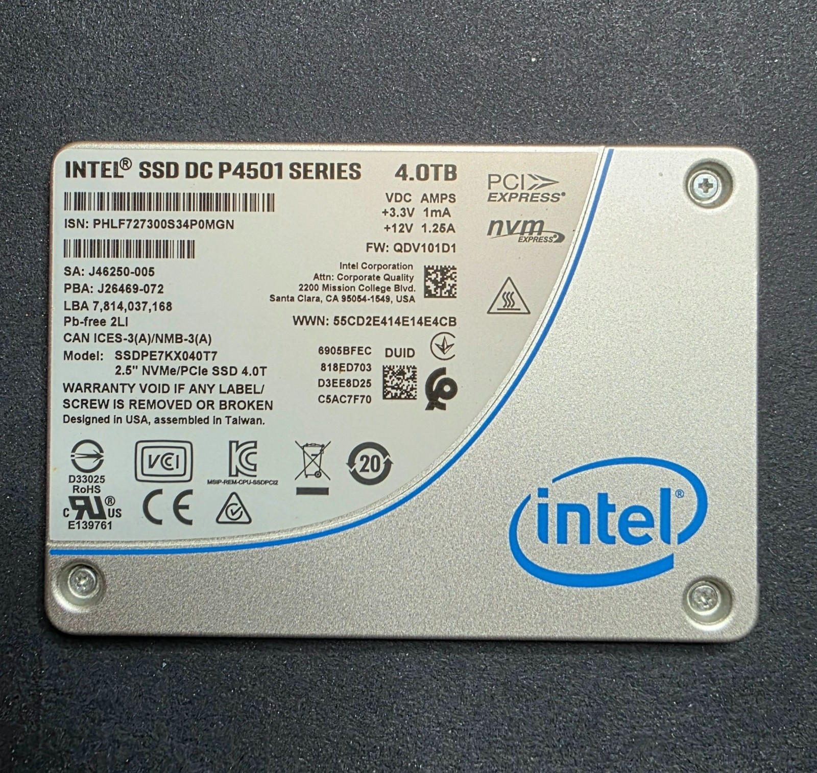 Intel DC P4501 4TB U.2 NVMe PCIe 3.0 Enterprise SSD (SSDPE7KX040T7) - Tested & V