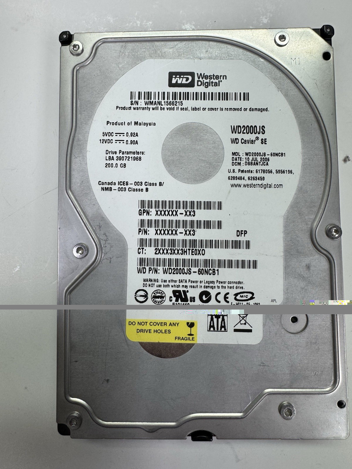 WESTERN DIGITAL WD2000JS-60NCB1 200GB SATA HARD DRIVE DCM: HSBHNT2CHB Works Test