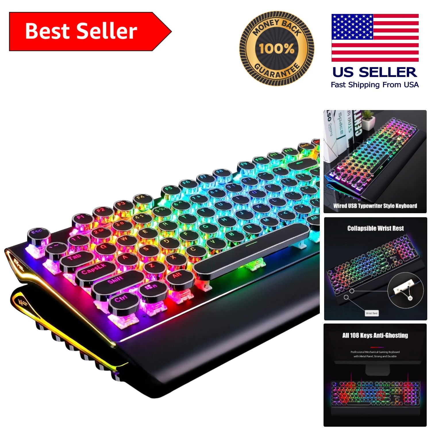 108-Key RGB Retro Mechanical Keyboard with Detachable Wrist Rest & Blue Switches