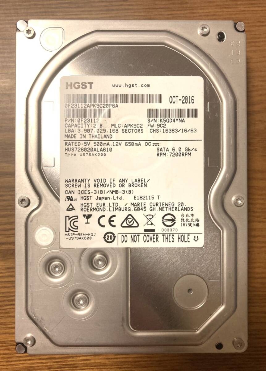 [Excellent condition] Hitachi / HGST Ultrastar 7K6000 HUS726020ALA610 3.5-inch H