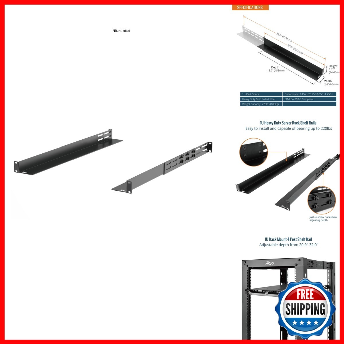 Tecmojo 1U 4-Post Rack Rail 20.9"-32" Depth for Server/AV/IT Equipment