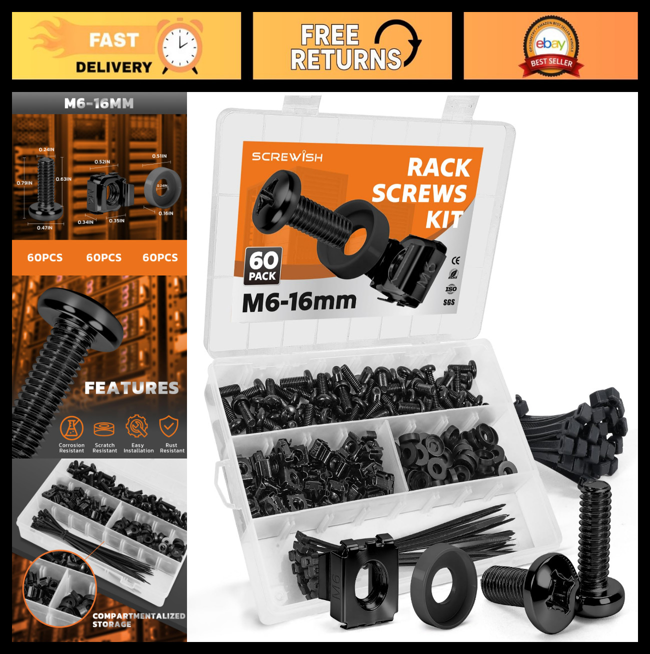 60 Pack M6 x 16mm Rack Screws, Cage Nuts, Washers & Cable Ties - Organizer Case