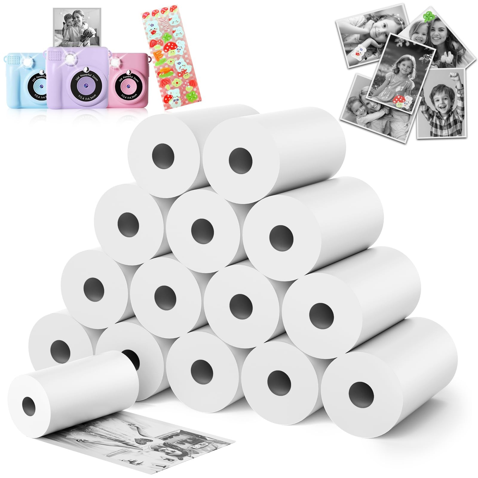 Kids Camera Paper Roll Refill - 15 Rolls HD Instant Print Paper with Stickers