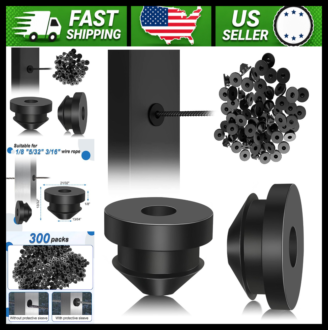 300 Pack Black Cable Railing Rubber Grommet Protector Sleeves