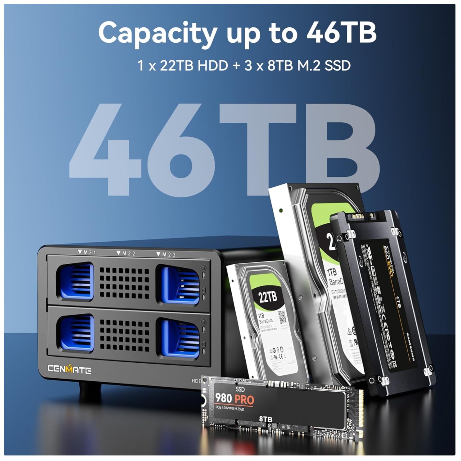 Hybrid HDD+NVMe Enclosure 46TB Capacity USB 3.2 Gen 2