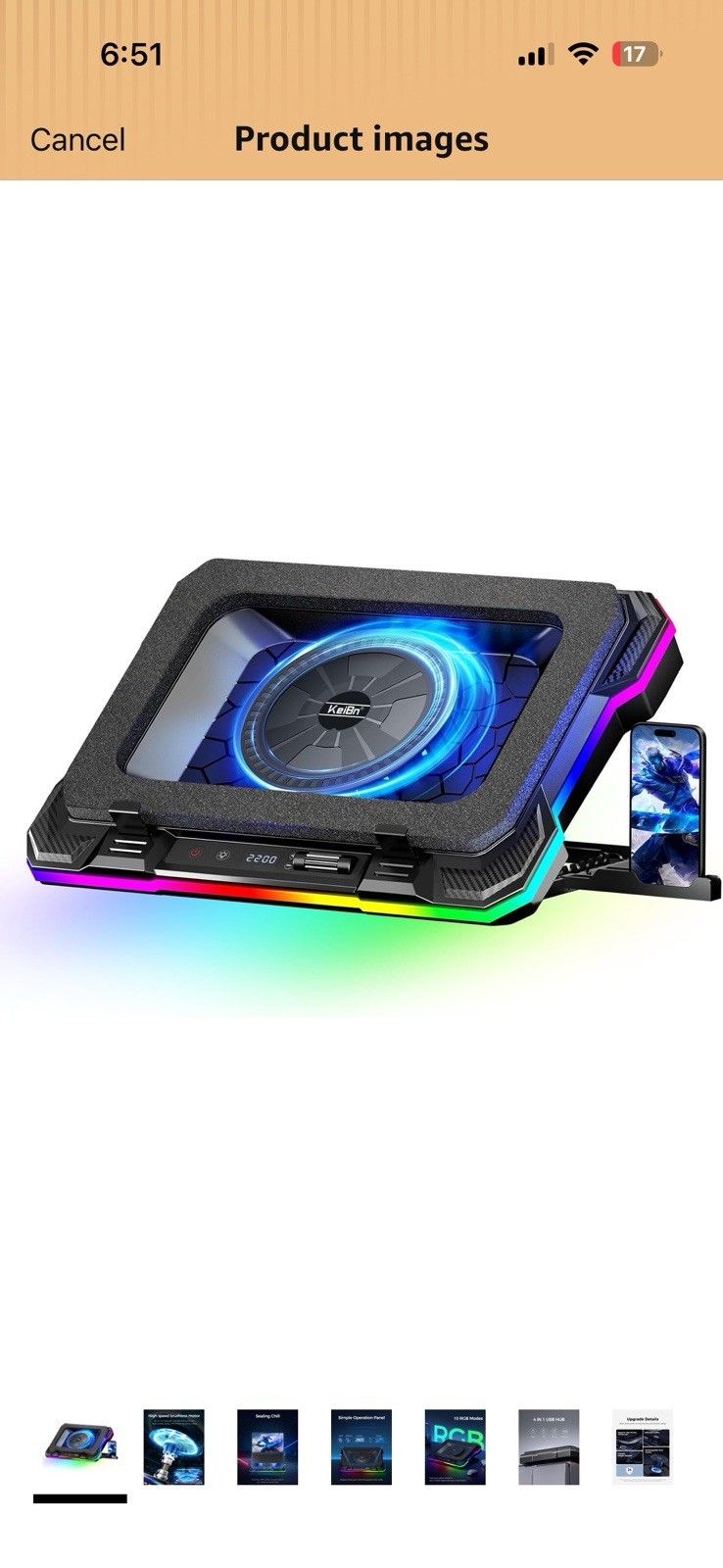 KeiBn K1 Laptop Cooling Pad 1 Fan RGB Lighting USB Hub Phone Holder Black