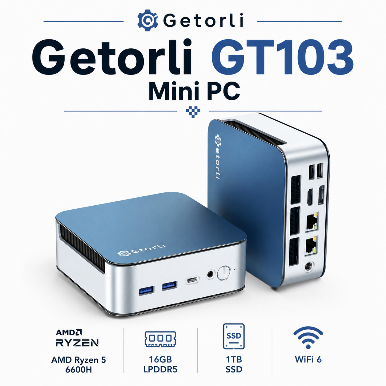 Getorli GT103 Mini PC AMD Ryzen 5 6600H 16GB LPDDR5 1TB SSD WiFi 6