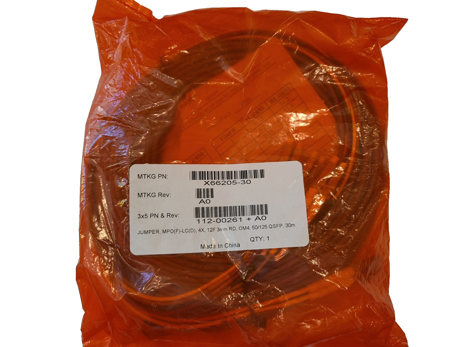 MPO to 4x LC OM4 Fiber Patch Cable - 30m (NetApp X66205-30)