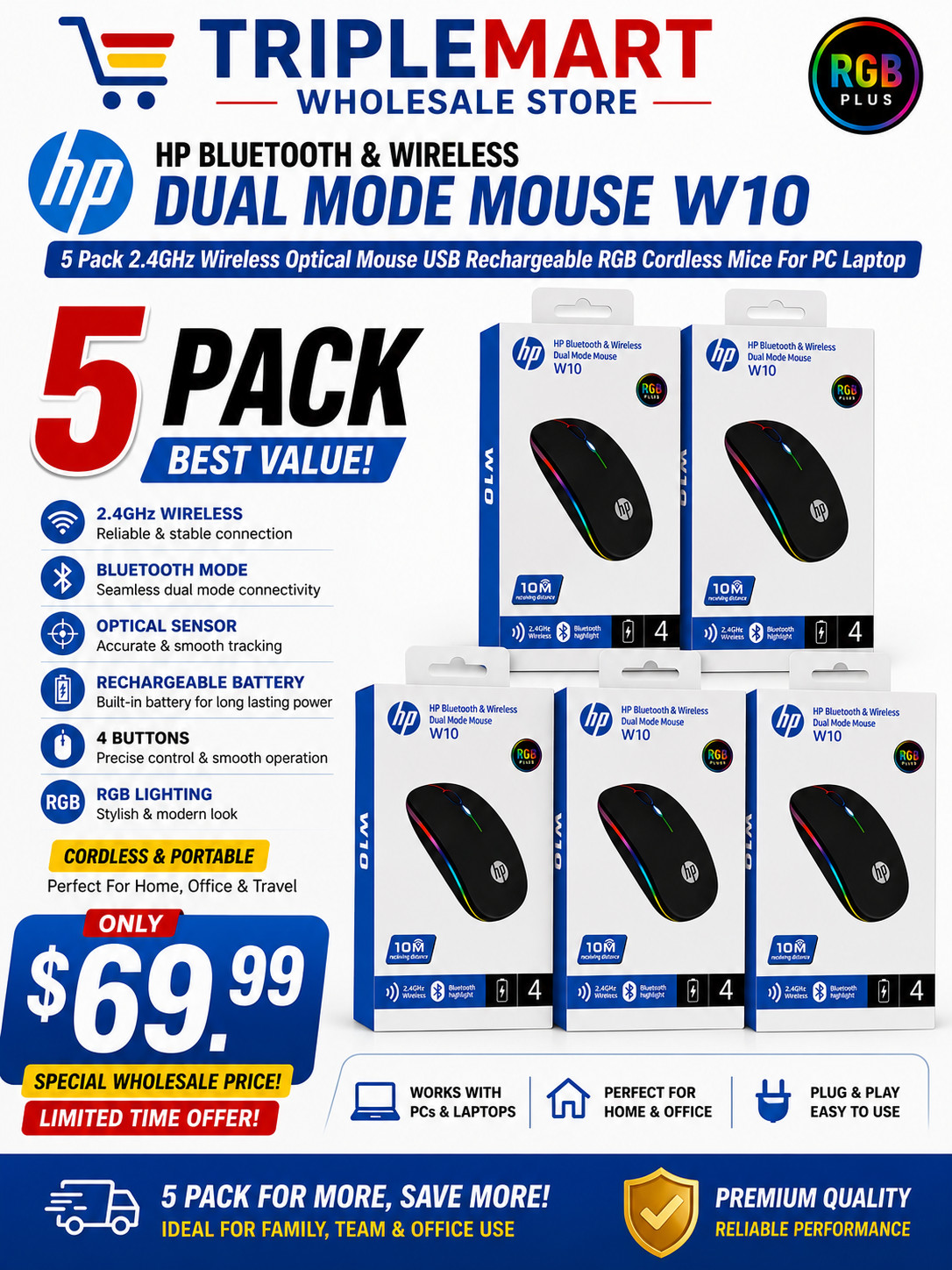 5 Pack 2.4GHz Wireless Optical Mouse USB Rechargeable RGB Cordless