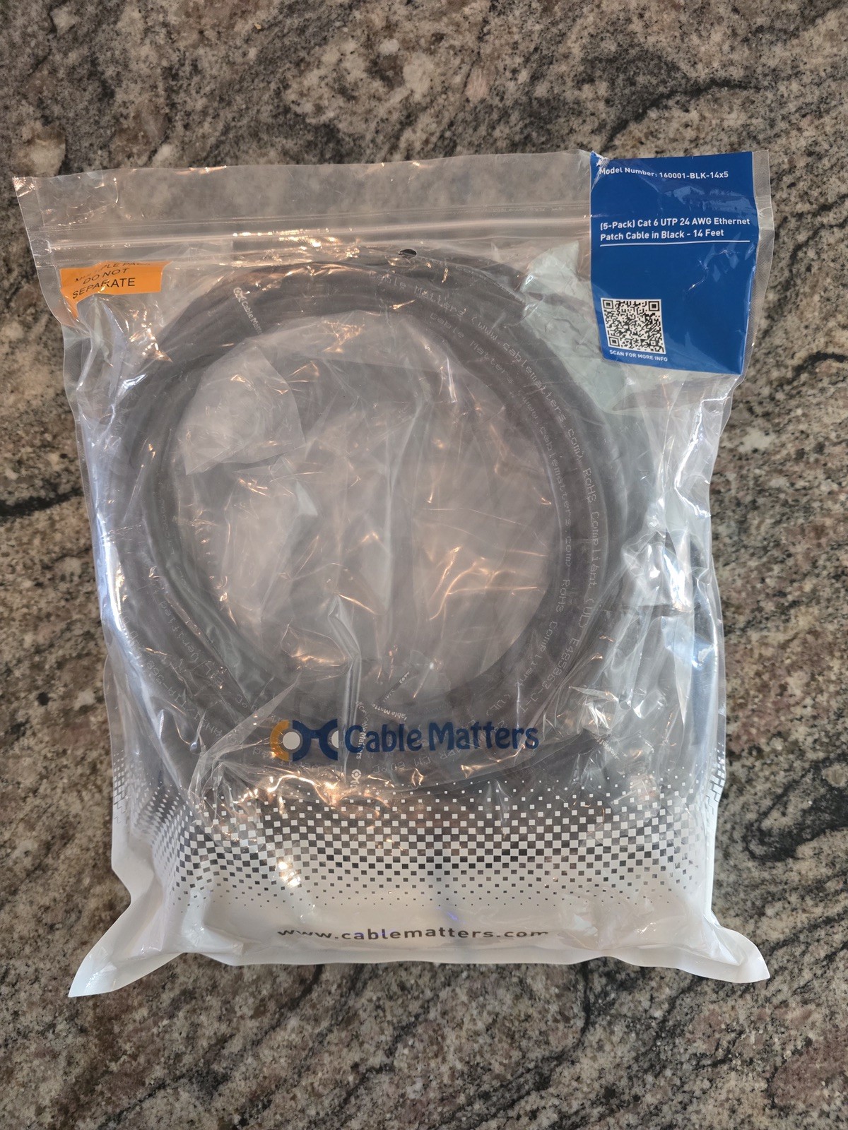 Cable Matters 5-Pack Cat 6 UTP 24 AWG Ethernet Cable, 14ft, 160001-BLK-14x5