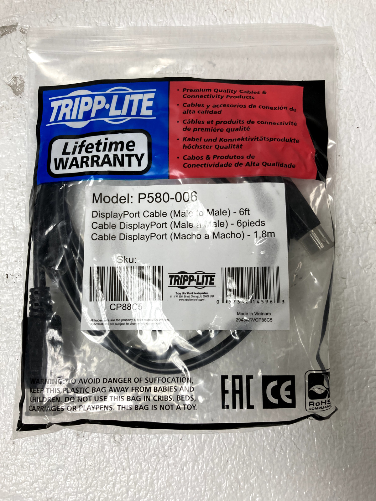 New Tripp Lite Model P582-006 Displayport to HD Cable 6 Ft