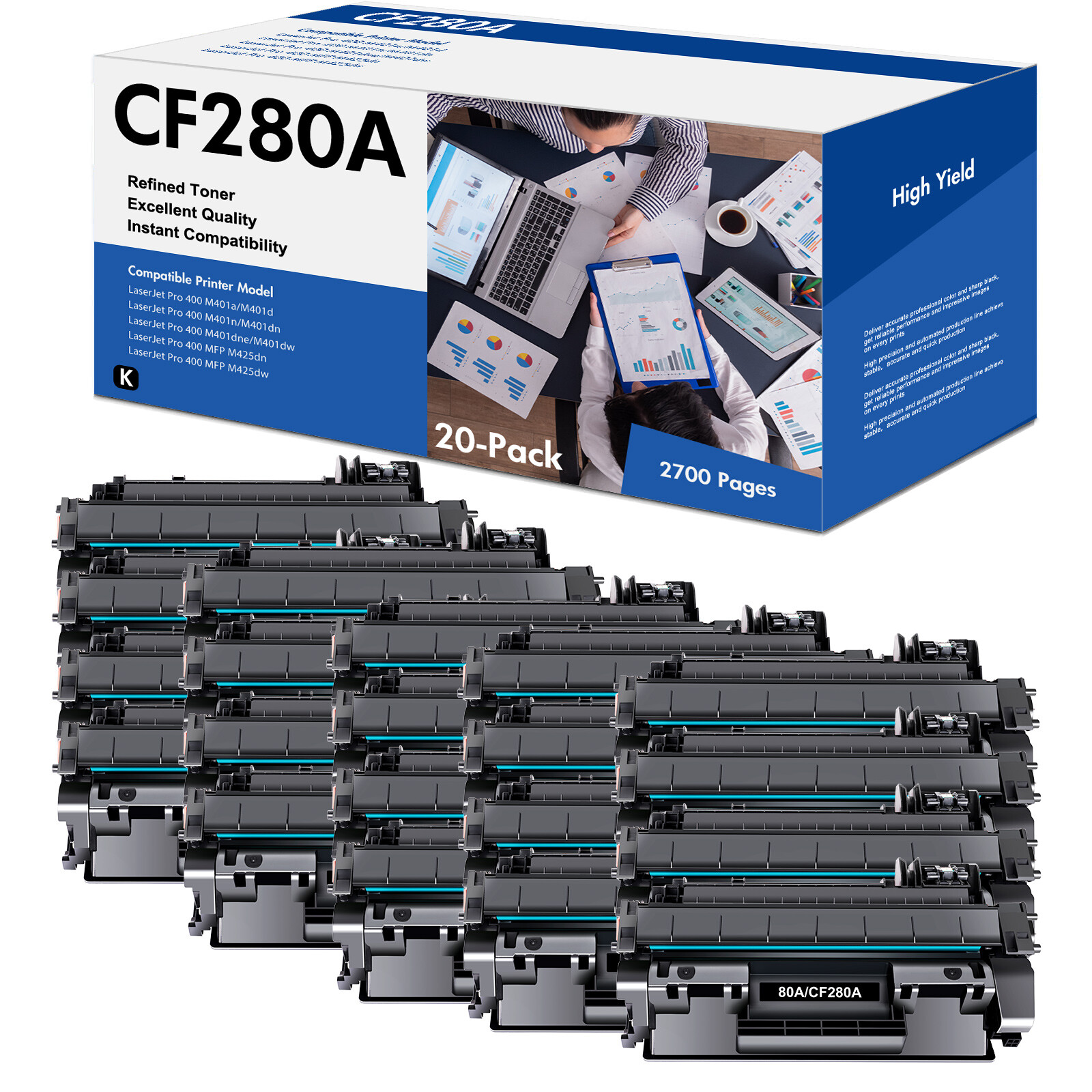 20 PACK Toner Cartridge CF280A 80A For HP LaserJet Pro 400 M401a M401d M401dn