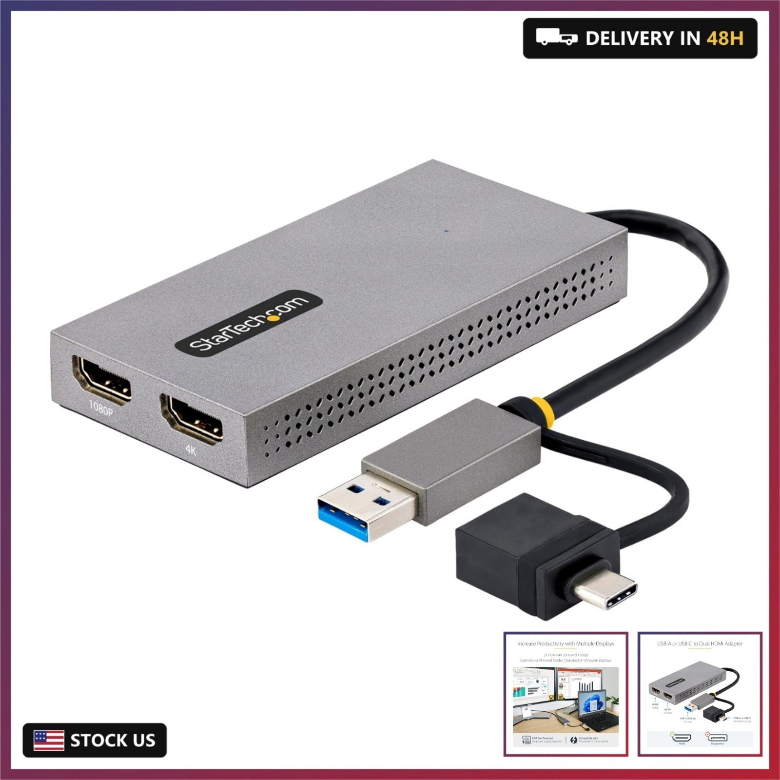 StarTech USB 3.0 A/C to 2x HDMI Converter, 4K30 + 1080p, Win/Mac