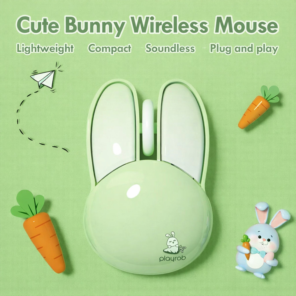 Wireless Mouse Cute Green Kawaii Bunny Shape Rabbit Design Portable Girls Kids