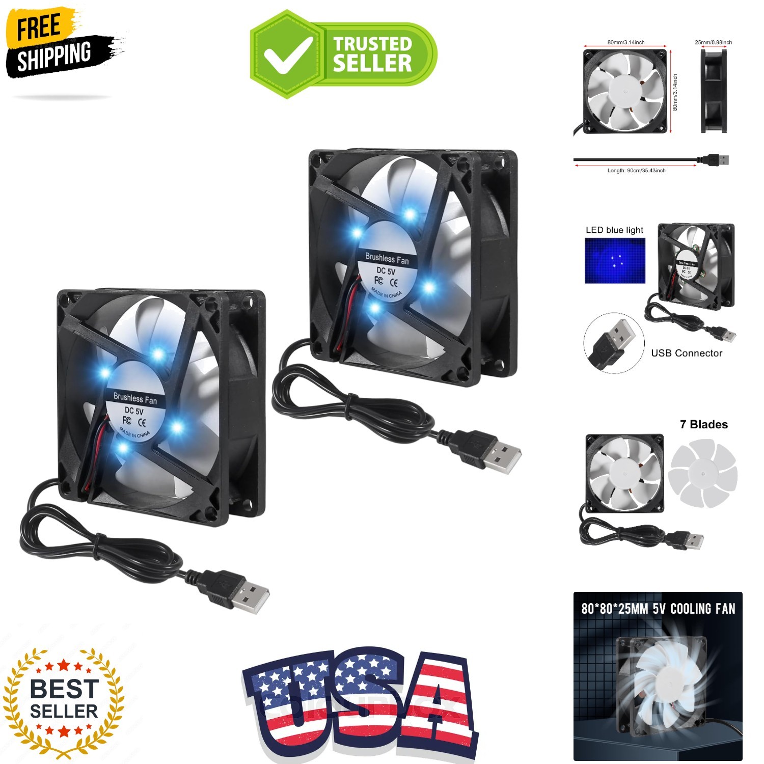 2PCS 80mm 8cm LED Blue Computer Case Cooling Fan 80x80x25mm USB 8025 5V USB C...
