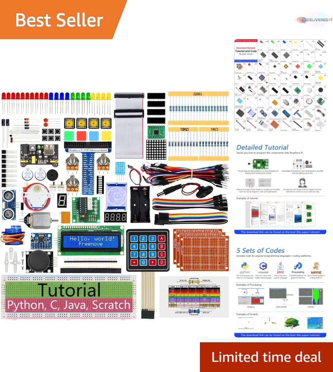 Comprehensive Raspberry Pi Kit for 5/4B/3B+ with 223 Components & Coding Guides