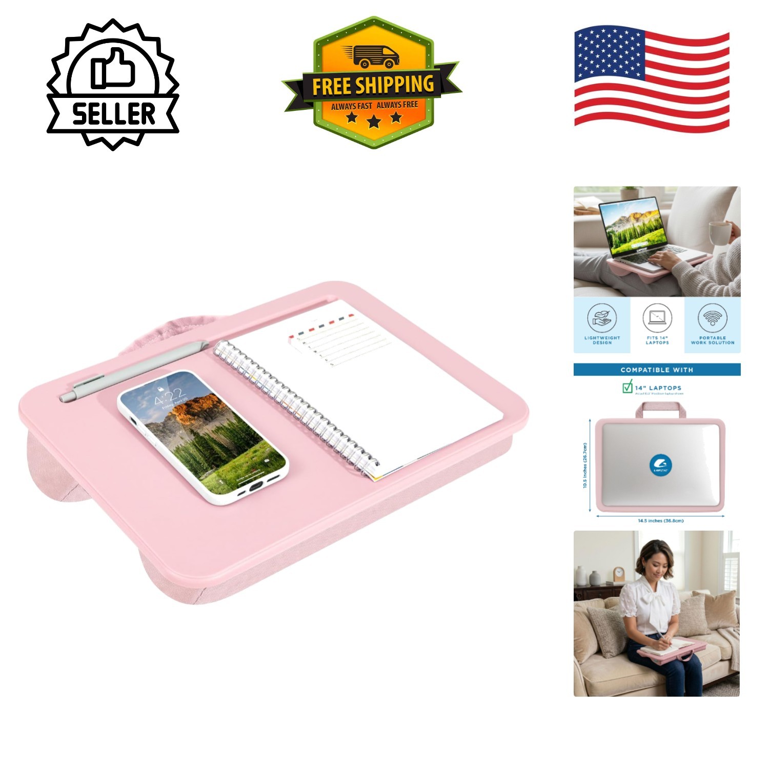 Elegant Rose Quartz Compact Lap Desk for 14" Laptops - Portable & Comfortable