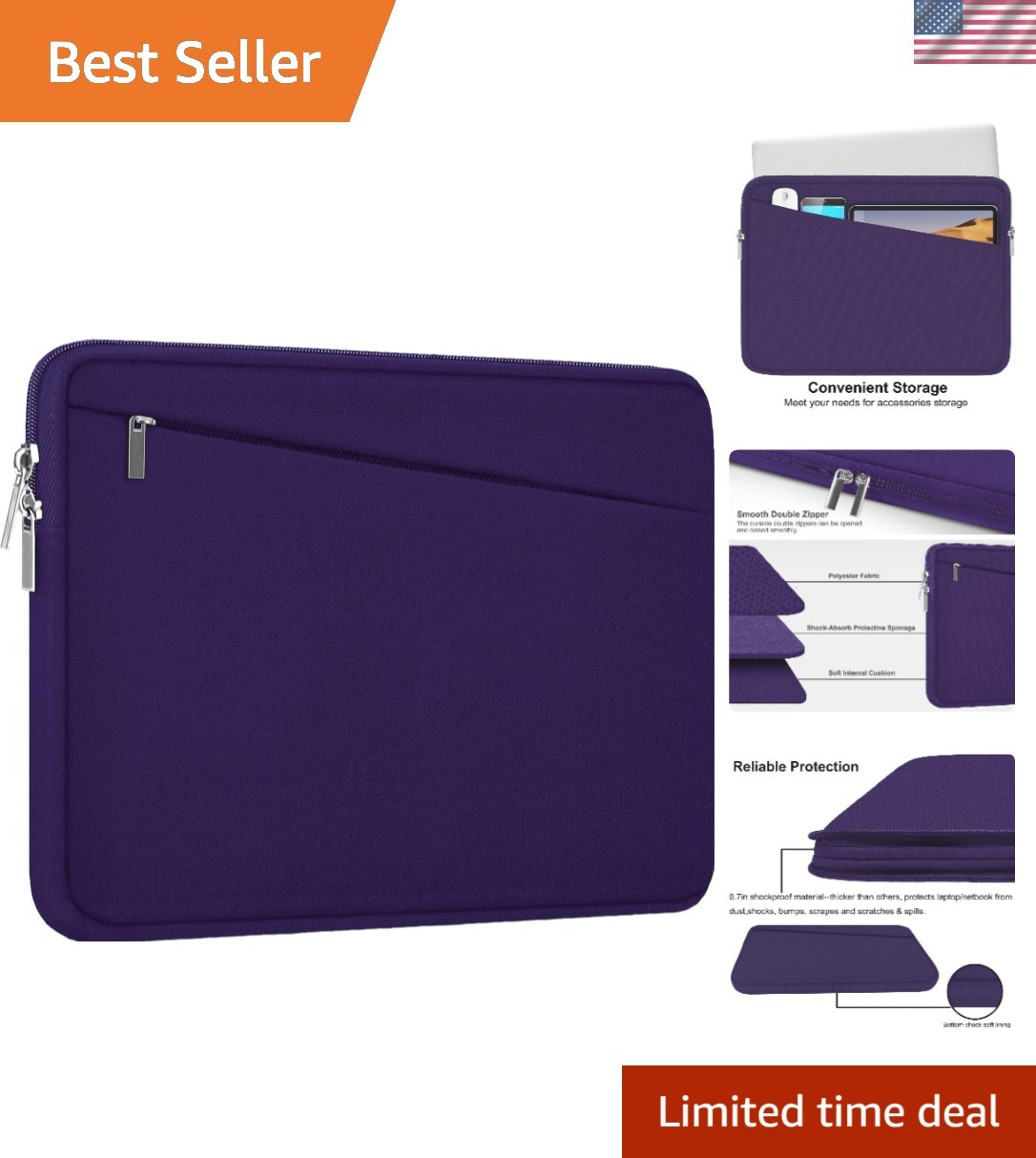 Professional Laptop Sleeve for 15.6 Inch Notebooks - Pocketed Elegance in Purple