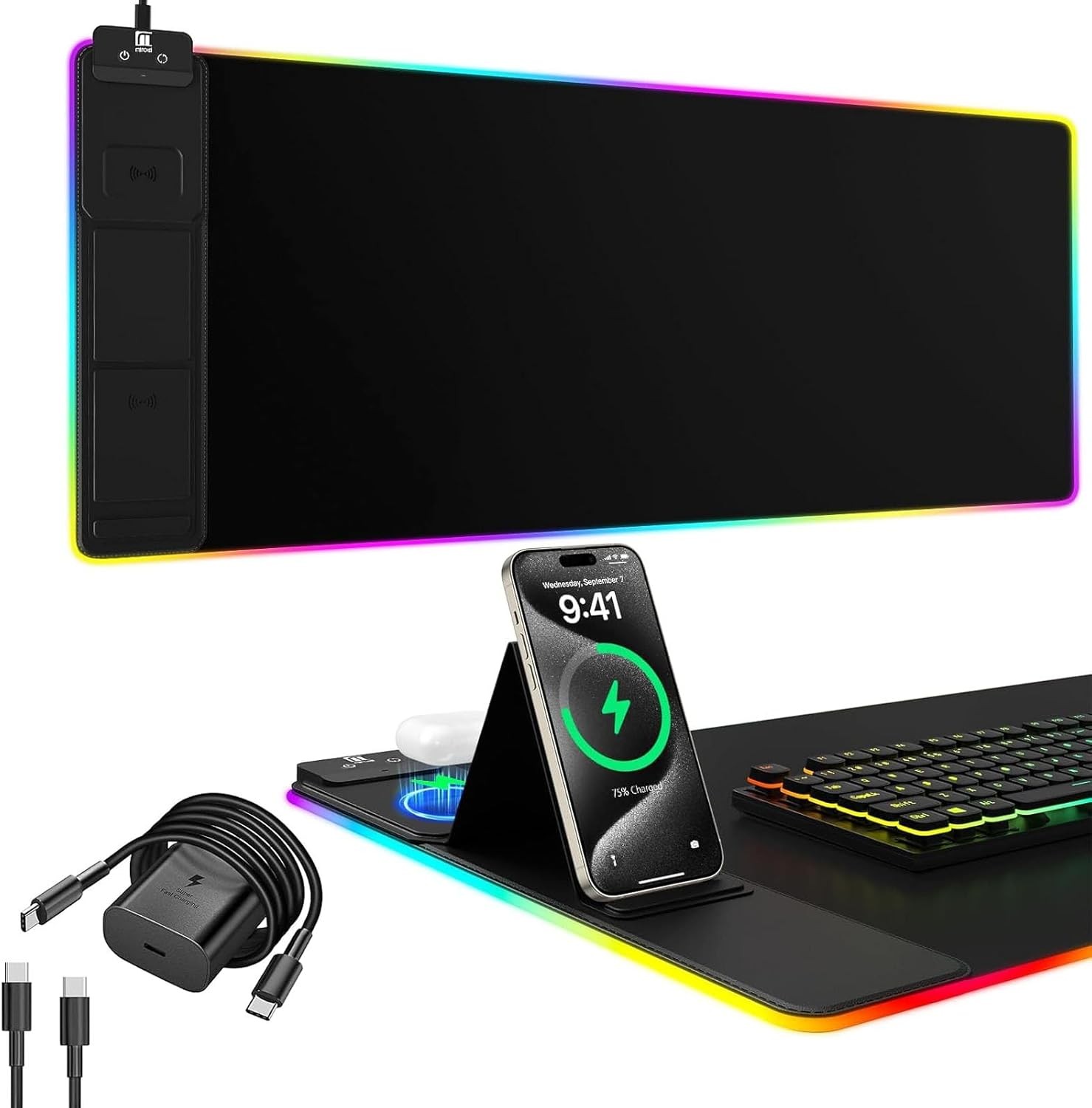 Mouse pad with phone stand, black wireless charging desktop mat
