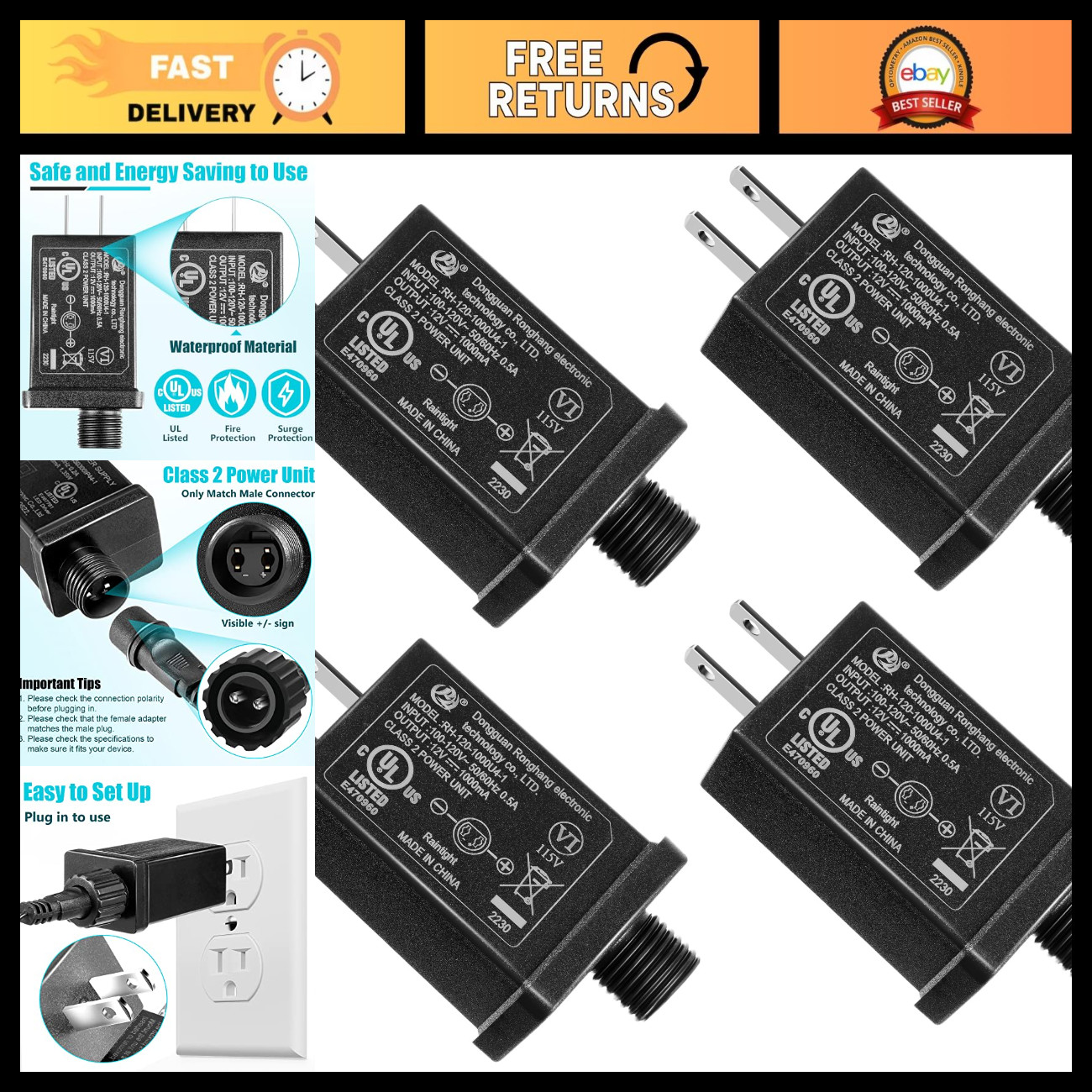 4 Pack 12V 1A Yard Inflatable Adapter, Class 2 Power Supply, Outdoor Use