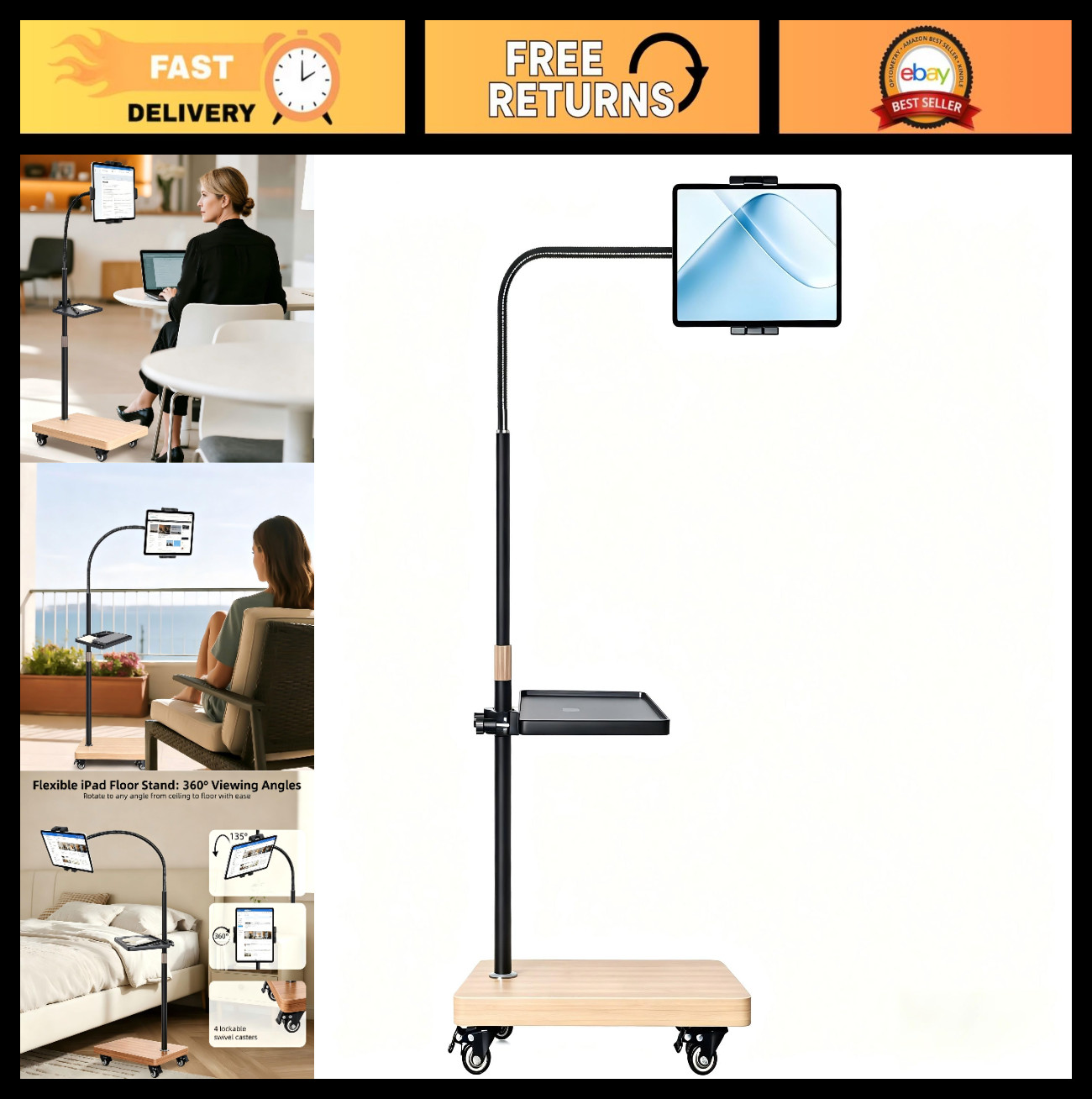 Rolling Tablet Holder Stand with Wheels Adjustable Height & 360° Rotatable