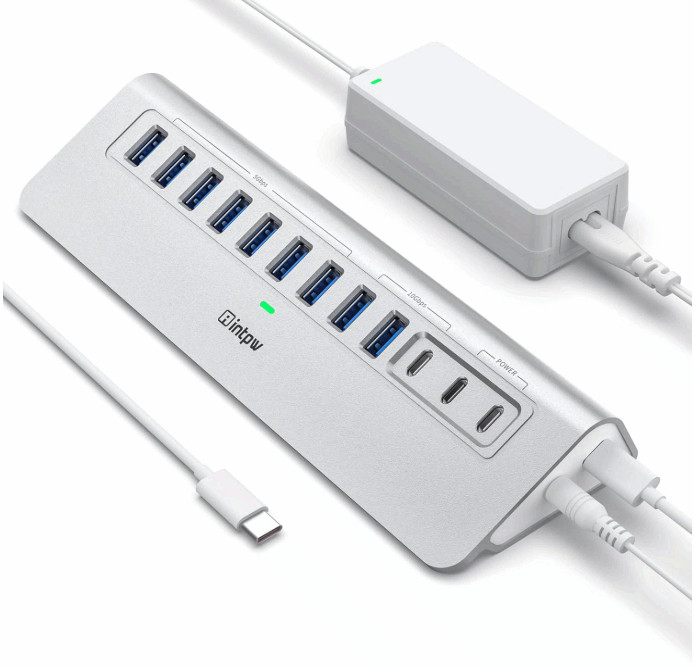 intpw 12 Port USB C Hub 10Gbps USB 3.2 PD 45W Charging w/Power Adapter