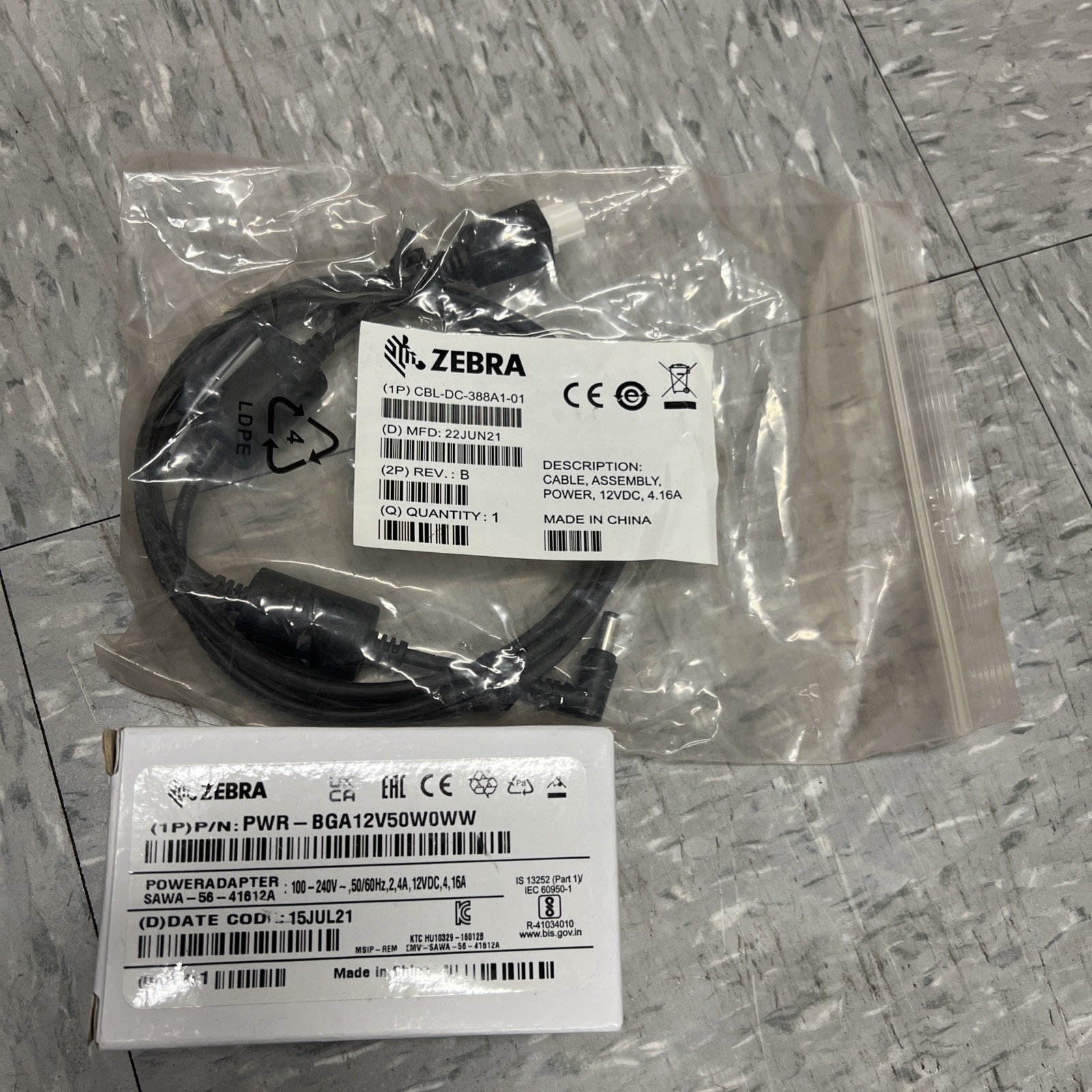 Zebra Thermal  Printer PWR-BGA12V50W0WW Power Adapter + CBL-DC-451A1-01 Cable
