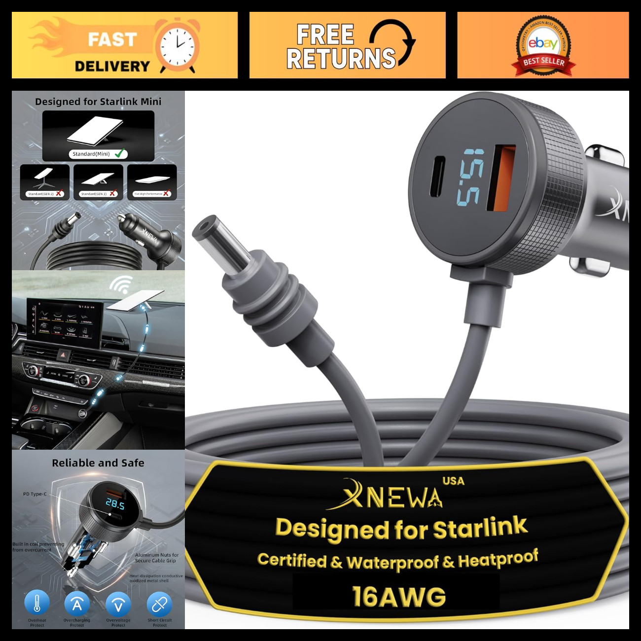 5M Starlink Mini Car Adapter - 3-in-1 Power Cable for Easy Connectivity