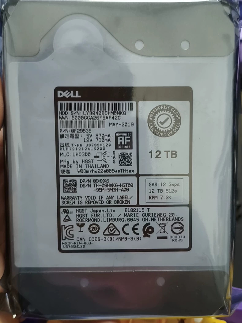 09HXK6 Dell 9HXK6 HUH721212AL5200 12TB 3.5'' 512e SAS 7.2K 12Gbps Hard Drive