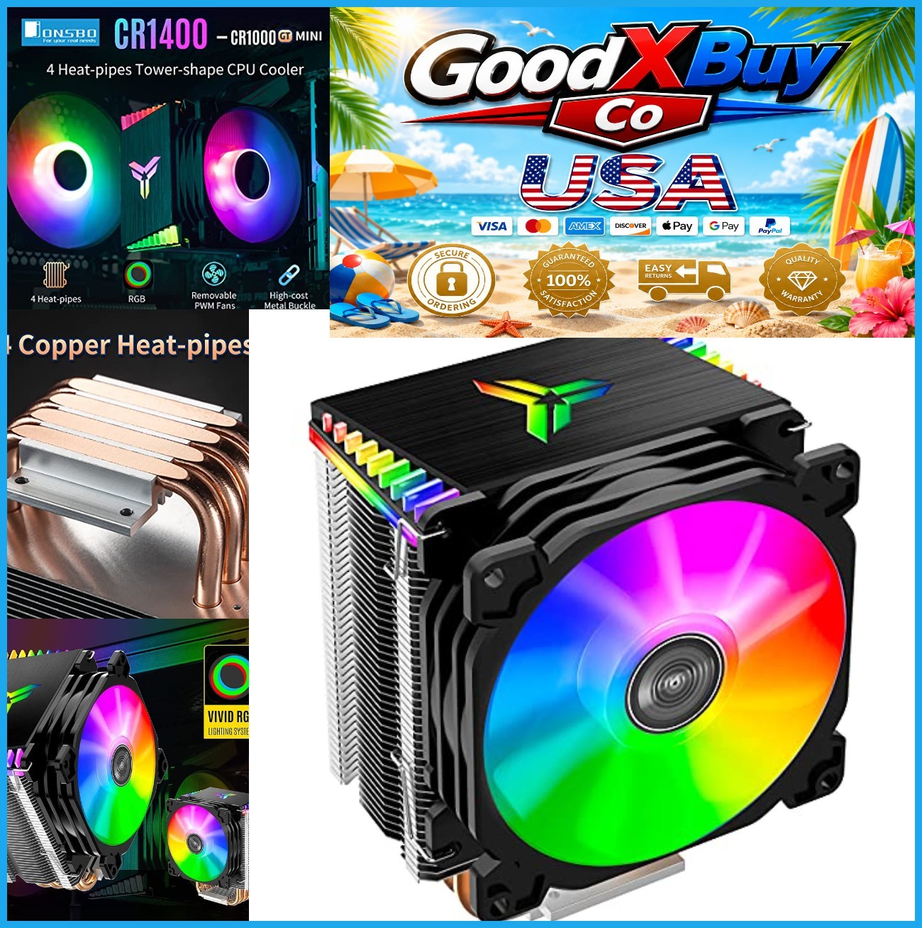 CR-1400 RGB CPU Air Cooler 92mm PWM Fan 4 Heat Pipes LGA1851 1700 AM5 AM4