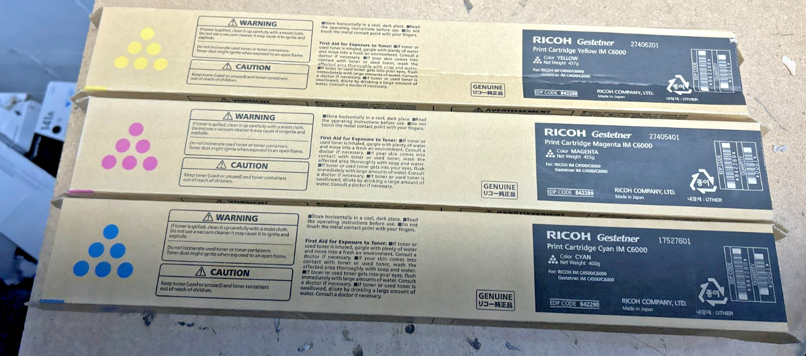 Set of Genuine Ricoh 842288 Yellow + 842289 Magenta + 842290 Cyan Toners