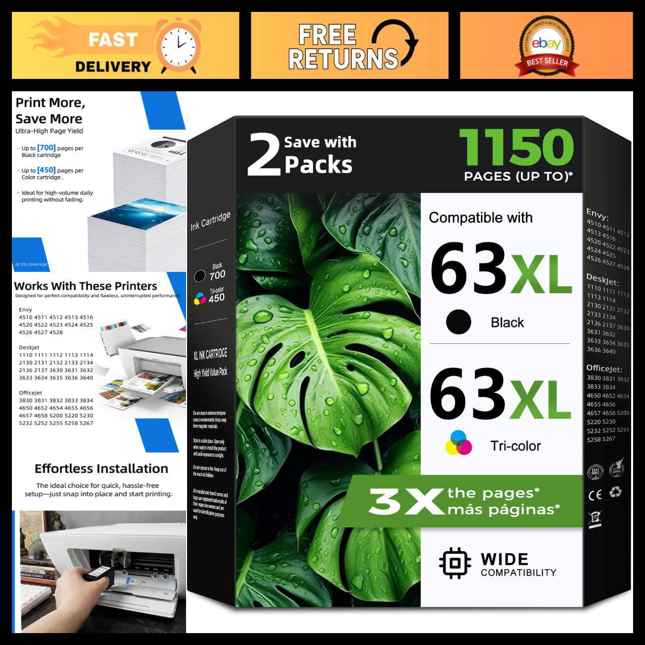 63XL Ink Cartridges Replacement Combo Pack - Black & Color for HP Printers