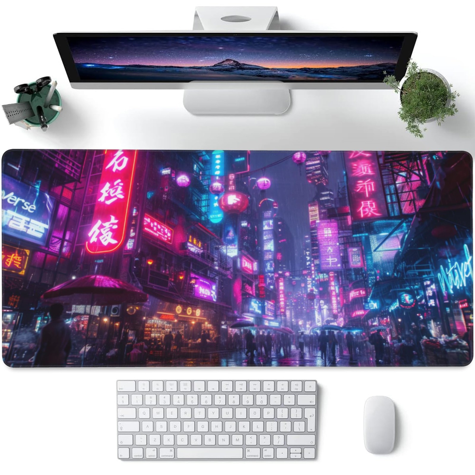Desk Mat,Cyberpunk Neon City Large Gaming Mouse Pad for Desk XXL,Futuristic Nigh