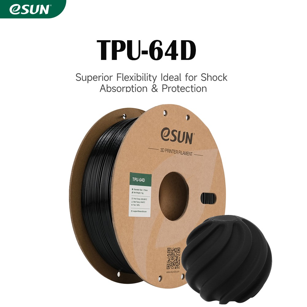 eSUN Flexible TPU 64D 3D Printer Filament 1.75mm 1KG Spool Black for 3D Printers