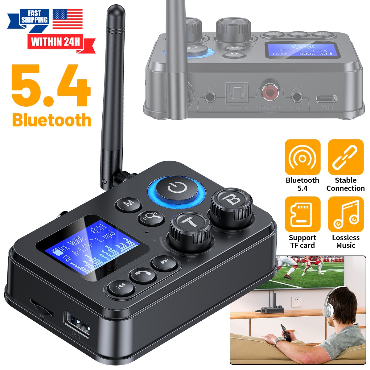 GT87 Add Wireless to Wired Device BT5.4 USB TF AUX Optical Coax LCD Type-C Power