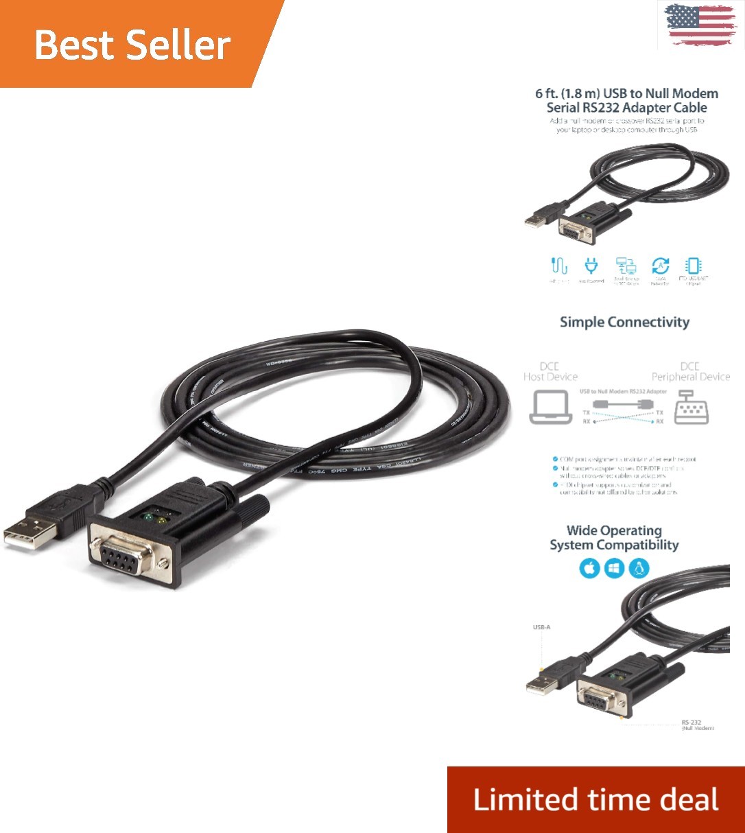 Versatile 6ft USB to Serial Adapter for Printers, Monitors & More – Null Modem