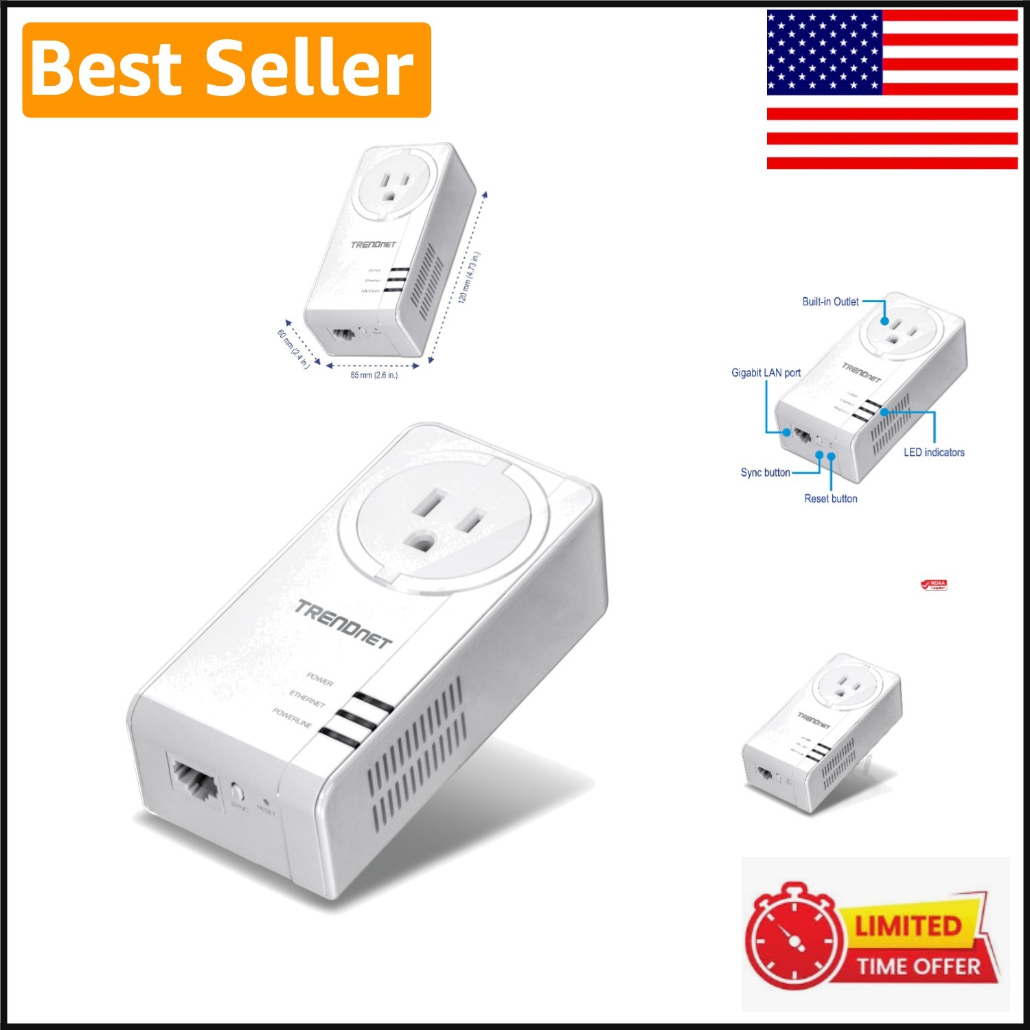 Trendnet Powerline 1300 AV2 Adapter - Gigabit Port & Built-in Outlet, White
