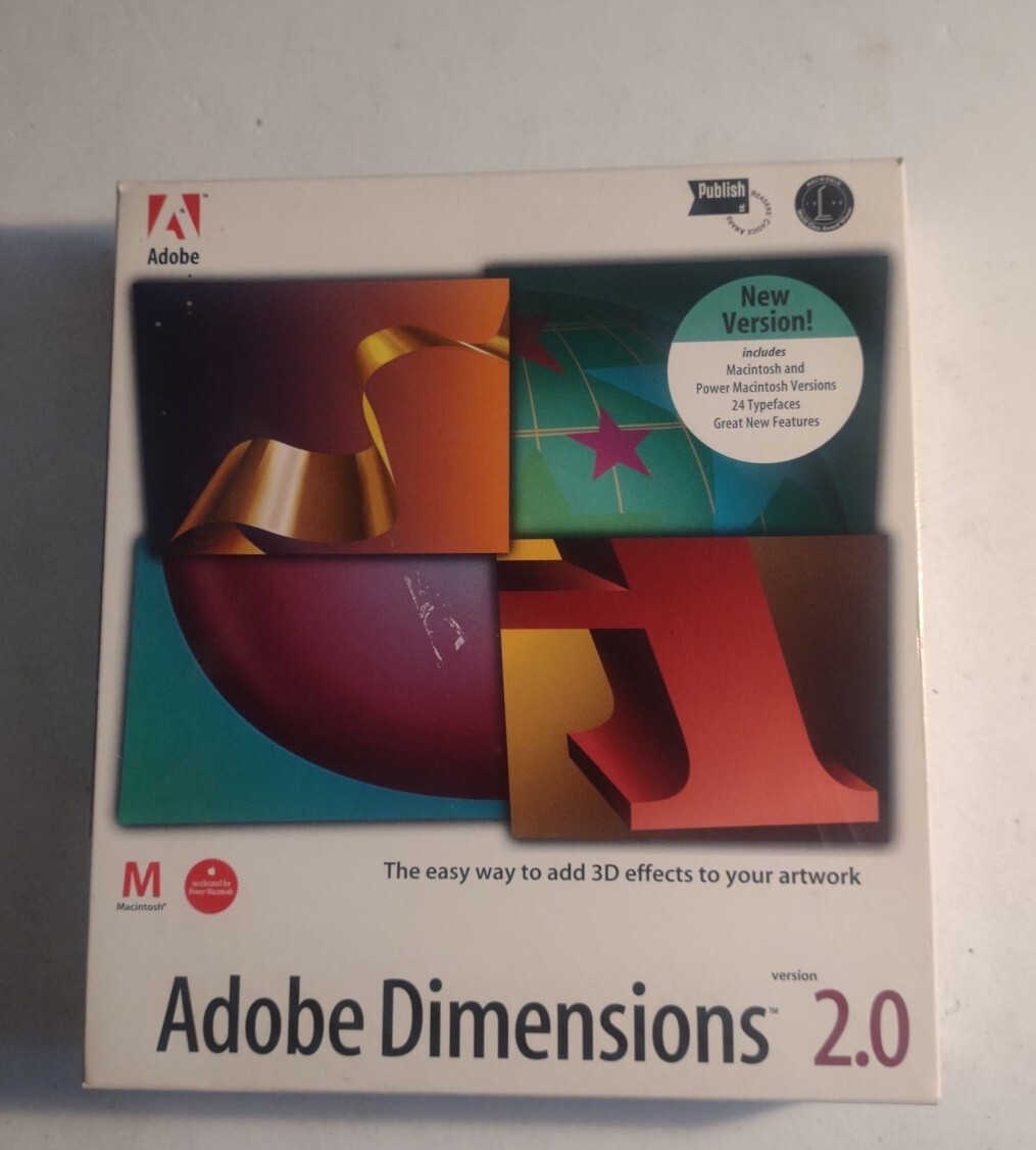 Adobe Dimensions Version 2.0, Macintosh with 4 Compact Discs & User Guide.