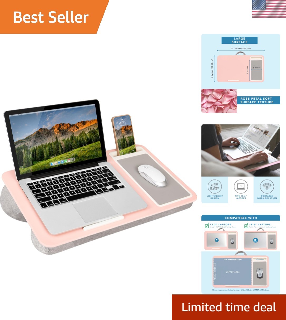 Comfortable and Contemporary Lap Desk with Phone Slot & Carry Handle – 15.6” Fit