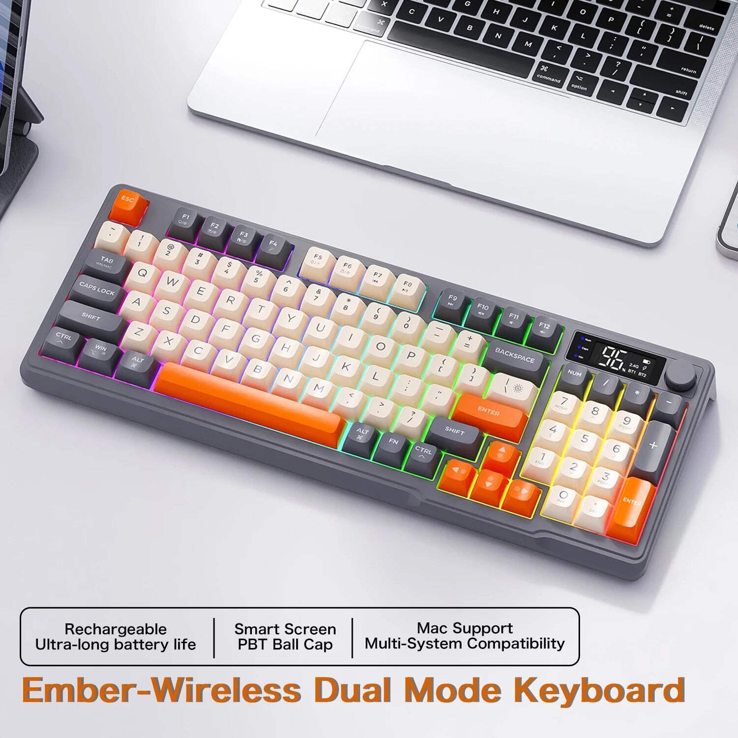 FREEWOLF M96 Wireless Bluetooth Dual-Mode Keyboard PBT Keycap Screen Knob Lithiu