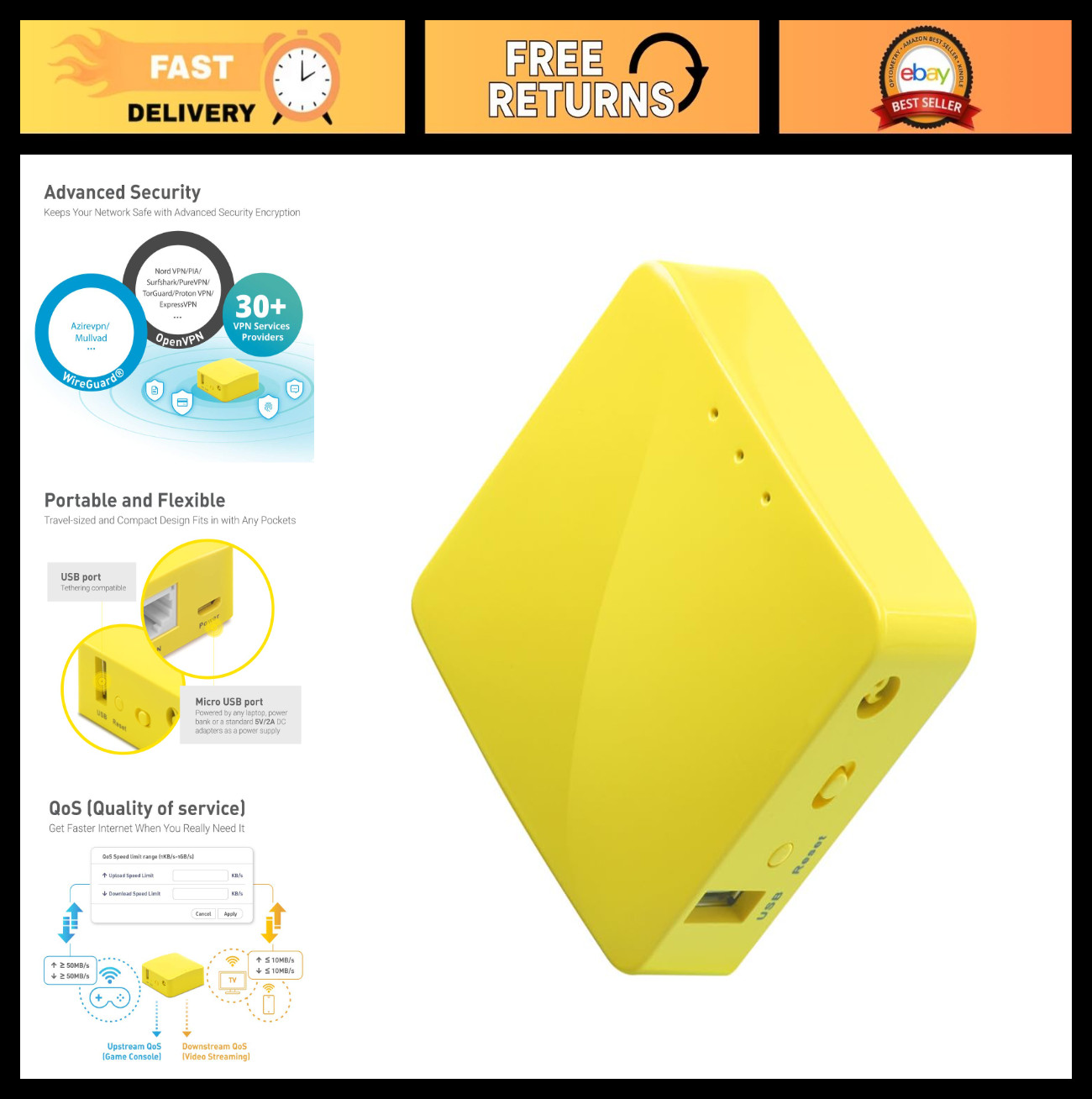 Portable Mini Travel WiFi Router - VPN, 2 Ethernet Ports, USB 2.0, OpenWrt, Easy