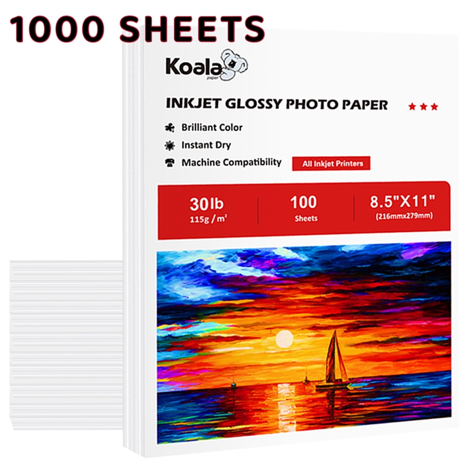 Bulk 1000 Sheets Koala Photo Paper 8.5x11 Glossy 30lb Thin Gloss Printer Paper