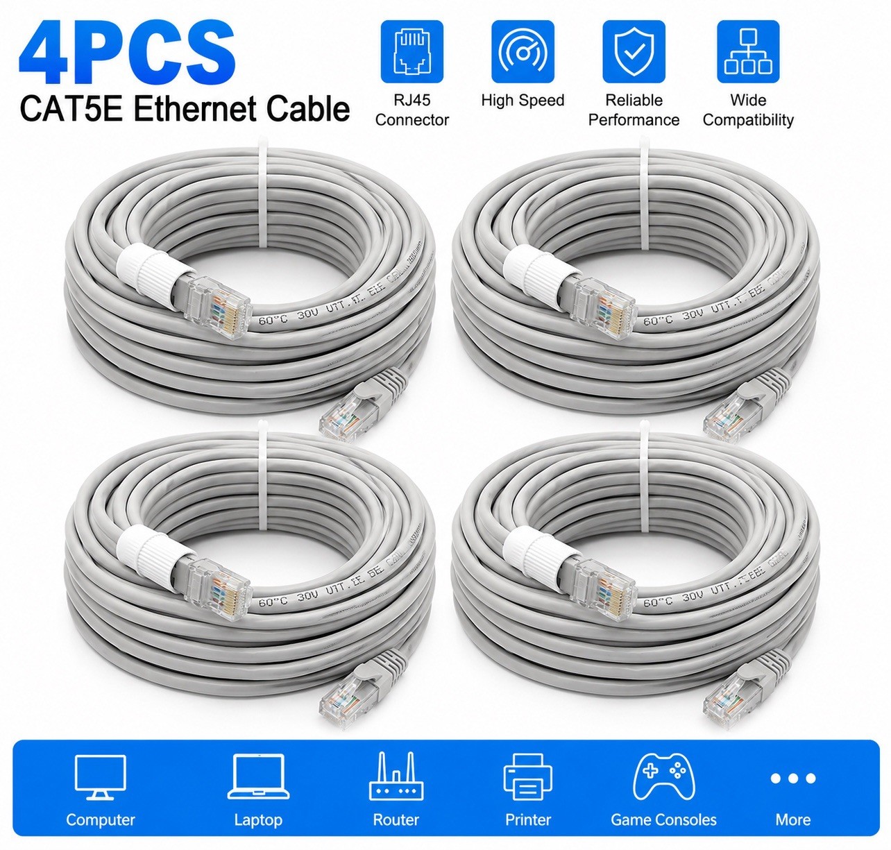 4x 60FT Cat5/6 Ethernet Cable RJ45 High Speed for PoE Cameras NVR Open Box