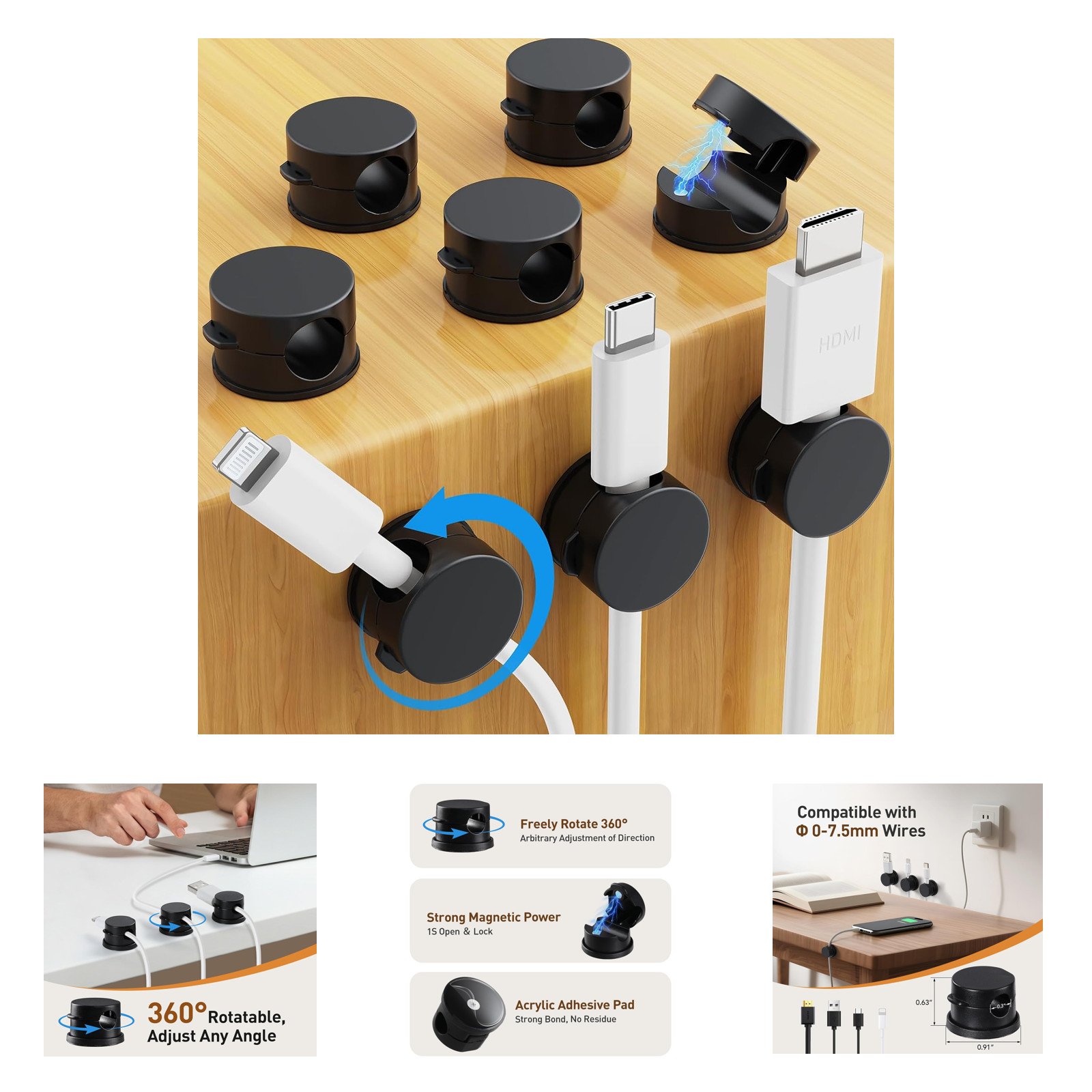 8 Pack Magnetic Cable Clips, 360° Rotatable Cord Holders Black for Nightstand