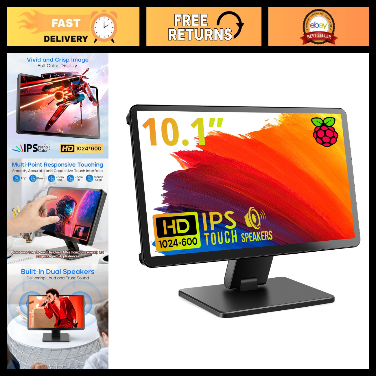 10.1" Touchscreen Monitor, 1024x600 IPS Display, HDMI Compatible Raspberry Pi Sc